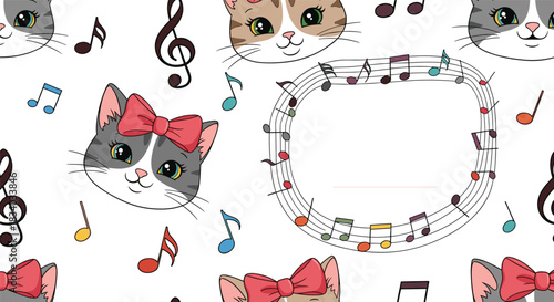 Musical and cute background with cartoon cat faces, treble clefs, and a frame made of musical notes with a lined space for text.