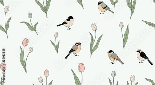 Elegant and delicate seamless pattern of small birds perched among pastel pink and blue tulip flowers on a soft off-white background.