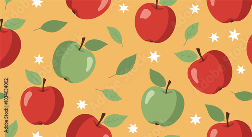 Sweet autumn seamless pattern with red and green apples, leaves, and little white stars scattered on a warm golden-orange background.