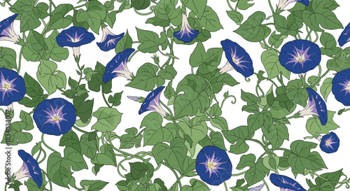 Lush seamless pattern of climbing morning glory vines with vibrant blue and purple flowers and dense green leaves on a white background.