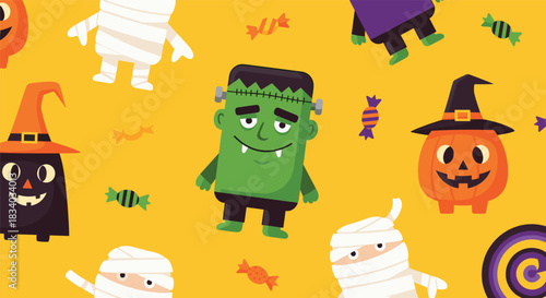Colorful and fun seamless Halloween pattern featuring various cute monsters like Frankenstein, a mummy, and a cat witch on a yellow background.