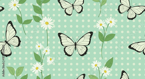 Vintage-style seamless pattern with white Cabbage butterflies and daisy flowers on a pastel green background with white polka dots.