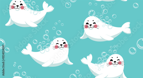 Adorable seamless pattern of cute white baby seals with rosy cheeks swimming in turquoise water with transparent air bubbles.