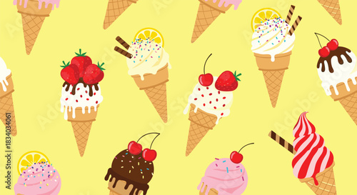 Colorful and delicious seamless pattern of various ice cream cones with toppings like strawberries, cherries, and sprinkles on a yellow background.