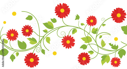 Seamless horizontal border of climbing vines with red and white daisy flowers and bright green leaves, isolated on a white background.