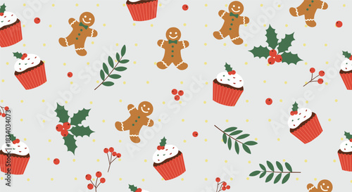 Festive Christmas seamless pattern with gingerbread men, cupcakes with holly, red berries, and green leaves on a light gray background.