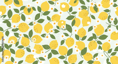 Charming seamless pattern of yellow lemons on branches with green leaves and small white daisy flowers on a light mint green background.