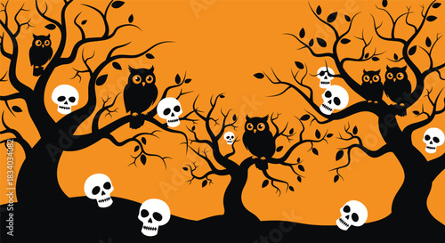 Spooky Halloween background with black silhouettes of owls sitting in bare trees with skulls scattered around, on a bright orange background.