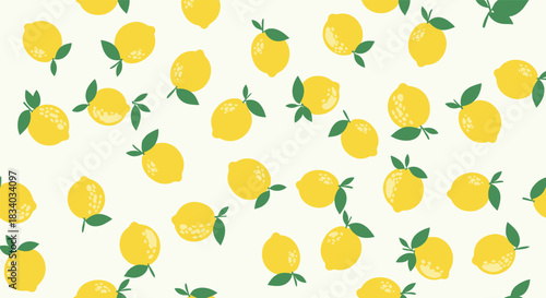 Simple and fresh seamless pattern of scattered yellow lemons with green leaves on a soft, off-white or very light yellow background.