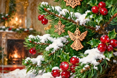 Close-up of a decorated Christmas tree with snow-dusted branches, wooden ornaments, holly leaves, and red berries, set against a warm festive interior.
