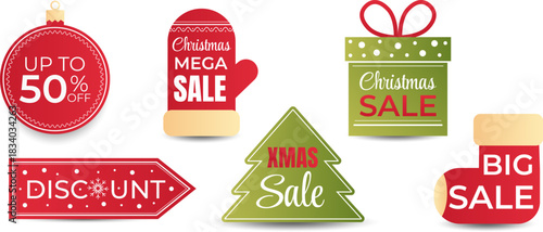 Set of festive vector Christmas promotional labels. Special offers and discounts.