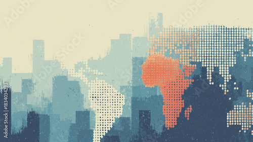 Halftone World Map with Urban Skyline – Global Data, Economics, and Geopolitics Background