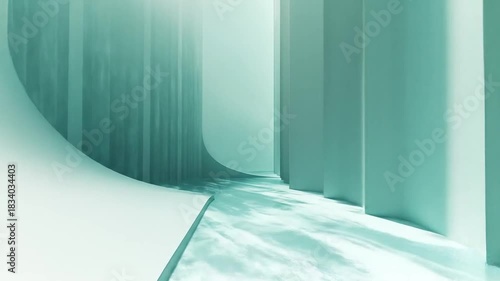 Abstract Teal Corridor with Reflective Surface and Vertical Elements Creating a Unique Ambiance