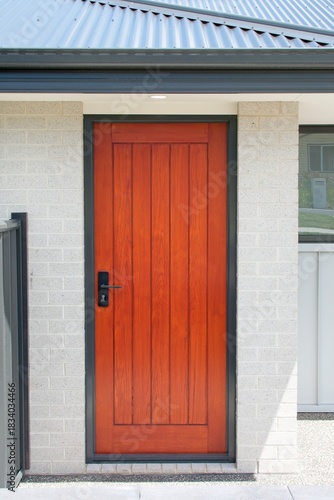 Closeup of a red front door in the entrance way of a newly constructed home in an Australian suburban housing development; a symbol of the housing affordability and construction crisis.