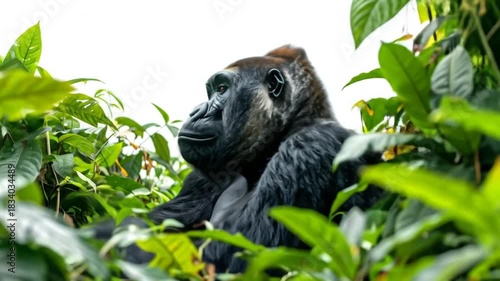 Majestic gorilla nestled amongst vibrant green foliage, captured in stunning detail, wildlife.