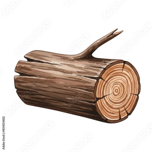 Isolated illustration of a brown log with a small branch attached on transparent background