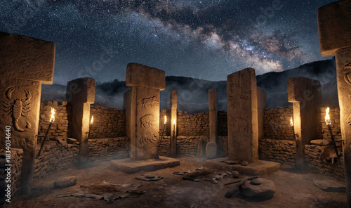 Hyper-realistic cinematic reconstruction of the ancient Göbekli Tepe archaeological site at night. Massive T-shaped limestone pillars with intricate animal reliefs stand under a dramatic Milky Way sky
