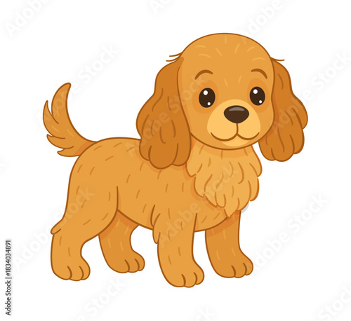 Cocker Spaniel standing with slight tail wag and friendly, looking forward. Flat style vector illustration. Ideal for dog breeding, pet stores, veterinary graphics, animal merchandise, stickers.