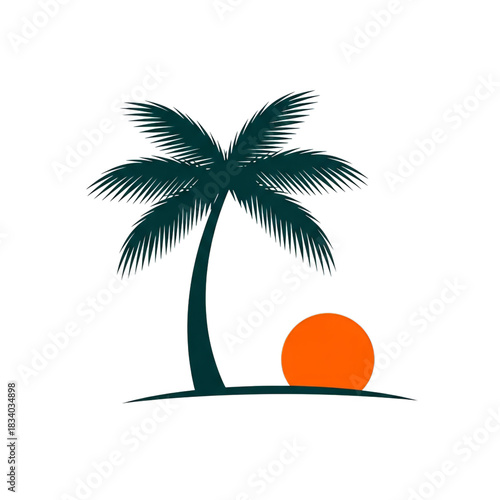 Illustration of a palm tree with a sun setting in the distance view on transparent background