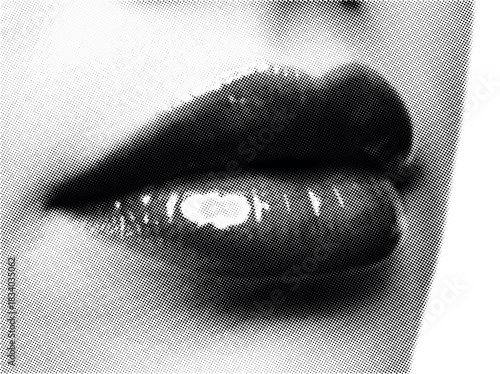 Halftone close-up of glossy lips in black and white