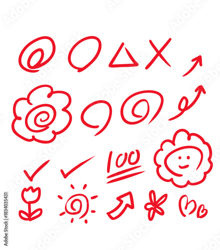 赤ペンで採点する手書きアイコンセット（花まる・チェック・矢印）