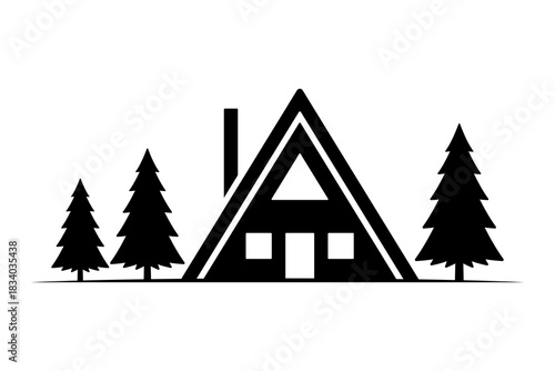 House and Christmas trees icon. Black silhouette. Front view. Vector simple flat graphic illustration. Isolated object on a white background.