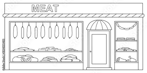Meat store building shop exterior graphic black white sketch isolated illustration vector