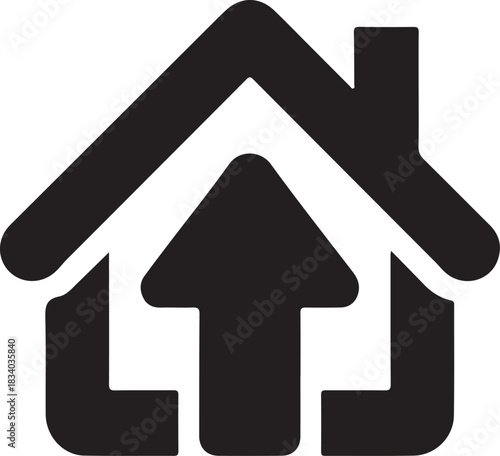Vector graphic icon of a house with an upward arrow inside representing property growth or moving up