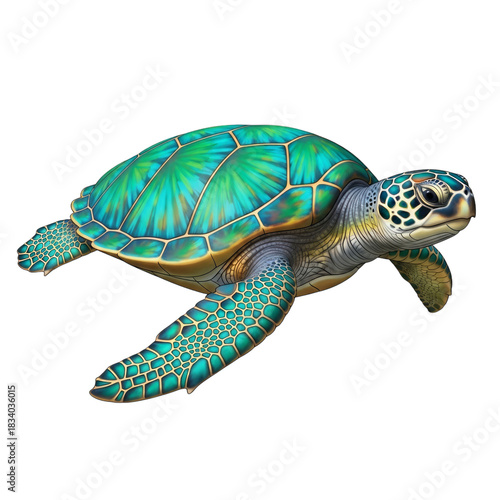 Illustration of a sea turtle with a patterned shell on a plain area on transparent background