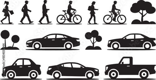 Collection of black silhouettes of people, cars, and trees on a white background Keywords: silhouette, people, cars, trees, walking, cycling, sedan, pickup truck, SUV, male, female, adult, child