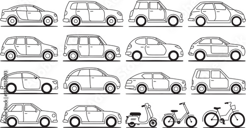 Outline drawings of various car models and bicycles on a white background Keywords: car, automobile, vehicle, bicycle, scooter, sedan, hatchback, wagon, coupe, minivan, outline, drawing, sketch