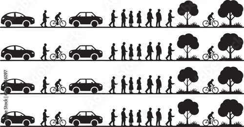 Rows of black silhouettes of cars, people walking, and trees on a white background Keywords: silhouette, cars, people, walking, trees, row, line, repetition, pattern, transportation, pedestrian