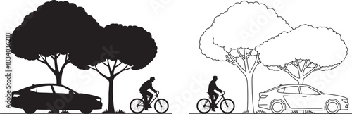 Silhouette of a car and a cyclist next to trees in black and white line art bicycle