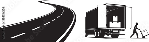Truck parked on winding road with person carrying goods delivery