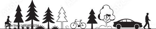 Silhouette of trees, a hiker, a bicycle, a car, and a walker in a landscape forest pine tree