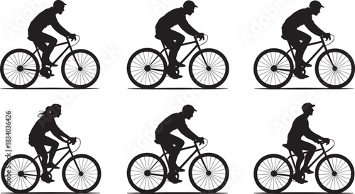 Silhouettes of men and women cycling on bicycles against a white background people