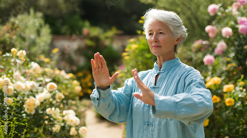 A beautiful older woman practicing Tai Chi in a serene garden (2)