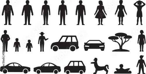 Silhouettes of people cars and a mythical creature on a white background woman child