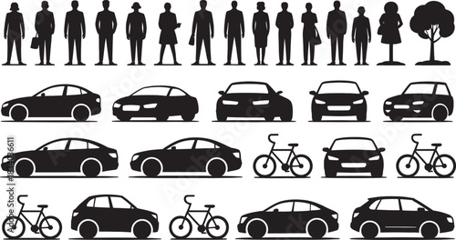Silhouettes of people, cars, and bicycles arranged in rows on a white background Keywords: silhouette, people, cars, bicycles, trees, row, line, repetition, pattern, transportation, pedestrian