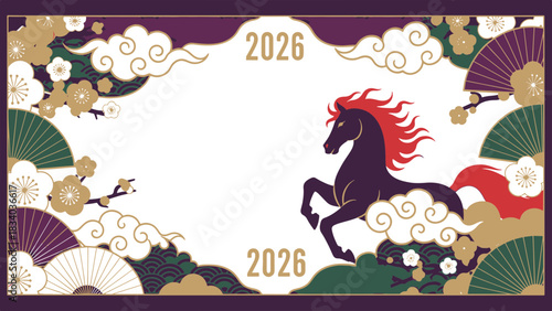 Elegant 2026 Lunar New Year design featuring a majestic horse, oriental clouds, and traditional elements for festivities