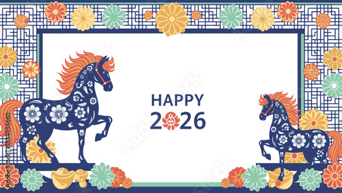 Vibrant traditional oriental celebration banner for the Year of the Horse 2026, symbolizing prosperity and good fortune