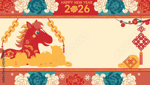 Festive 2026 Chinese New Year illustration featuring a spirited zodiac horse and traditional Asian ornaments, perfect for holiday greetings and cultural celebrations