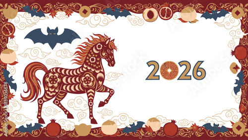 Vibrant 2026 Lunar New Year banner with a richly detailed, stylized horse illustration, surrounded by traditional cultural elements and auspicious symbols for prosperity and celebration