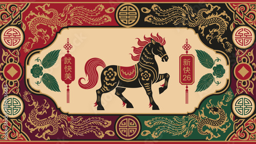 Vibrant and ornate oriental design featuring a majestic black horse, symbolizing prosperity and good fortune