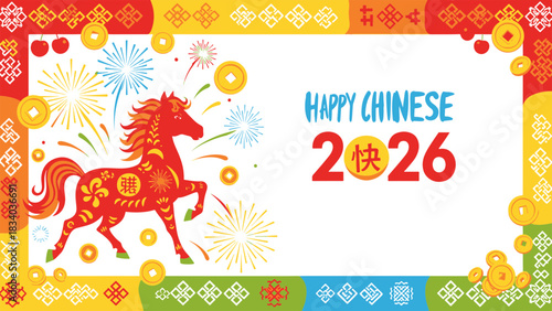 Vibrant Lunar New Year 2026 Celebration with Majestic Horse Zodiac and Dynamic Fireworks Display Banner Design