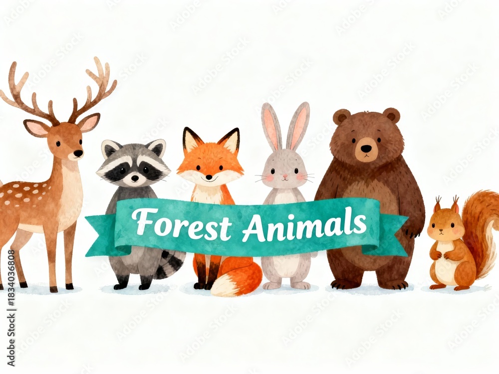 Naklejka premium Illustration of various forest animals standing together with a banner labeled 'Forest Animals'