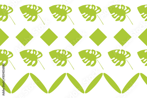 Seamless tropical pattern with green monstera leaves, diamond shapes, and curved leaf motifs, ideal for fabric, packaging, wallpaper, and modern decorative design projects.