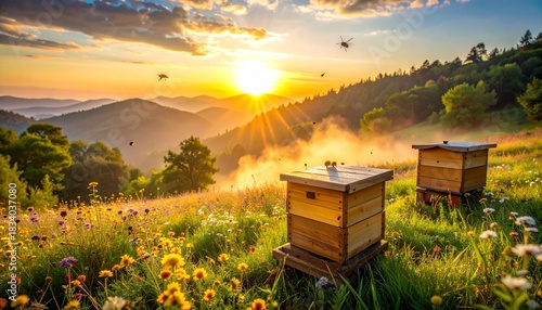 bee hives in the meadow