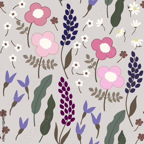 Colorful daisy petal flower blossom, vector hand drawing seamless pattern, abstract pink white blue flora on grey background for fashion fabric textiles printing, wallpaper and wrapping 