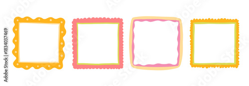 Cute square red and yellow frames with scallop edges. Squiggle photo borders. Funky geometric frameworks. Vector set